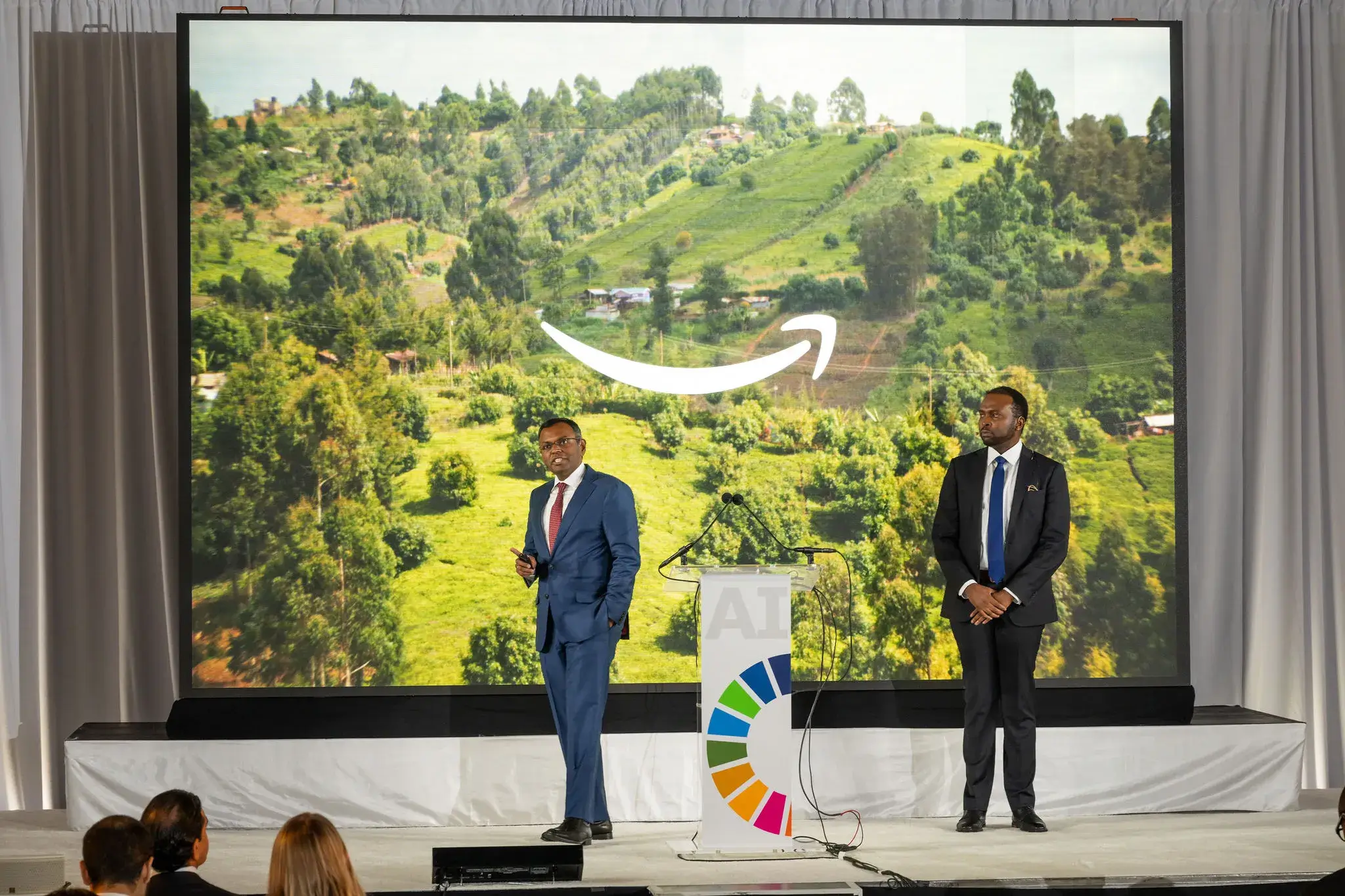 AWS VP, Swami Sivasubramanian (left) and Hurone AI Founder, Kingsley I. Ndoh (right) at the UN summit on generative AI